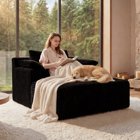 60 Inch Indoor Chaise Lounge, Corduroy Boneless Sofa Bed Deep Seat Cloud Couch for Living Room,Black