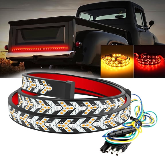 60 Inch LED Tailgate Light Bar Strip, Strobe Tail Light Strips with Brake Reverse Turn Signal, Red Amber Sequential Lighting, Waterproof Flexible Tailgate Lights for Trucks Pickup Van