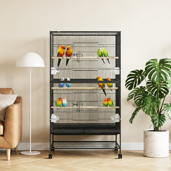 60 Inch Large Bird Flight Cage Rolling Parrot Cage with Storage Shelf for Mid-Sized Birds, Macaw Cockatiels Conures Parakeets Budgie Lovebirds