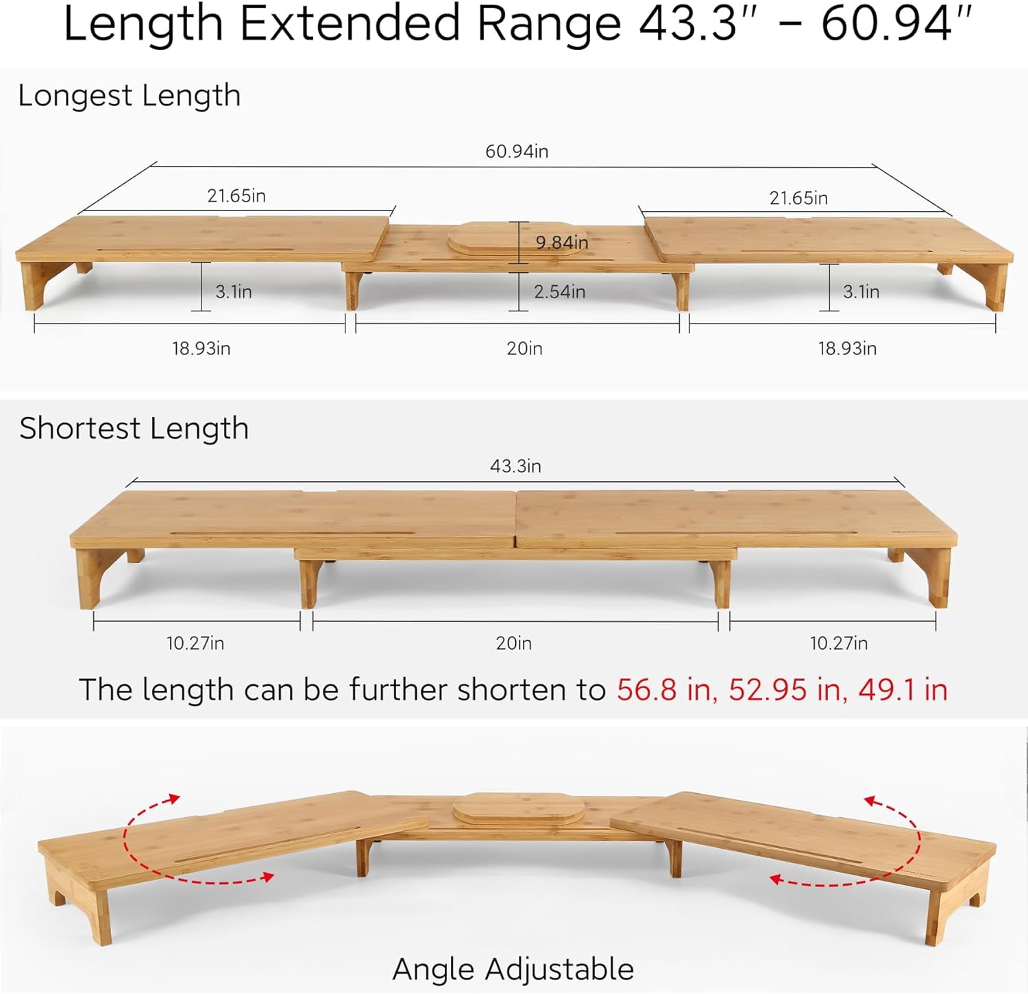 60 Inch Large  Dual Monitor Stand Riser with 3 Shelves Adjustable Length Angle for Desk