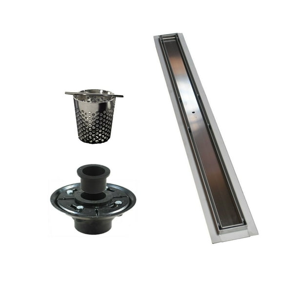60 Inch Linear Shower Drain with 2 Inch ABS Shower Drain Base and Hair Trap Set (6 Designs), SereneDrains