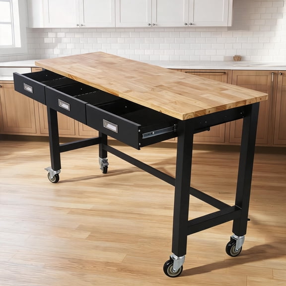 60-Inch Mobile Workbench, Jet Black Steel Frame Solid Wood Top with Locking Wheels for Garage Home Office