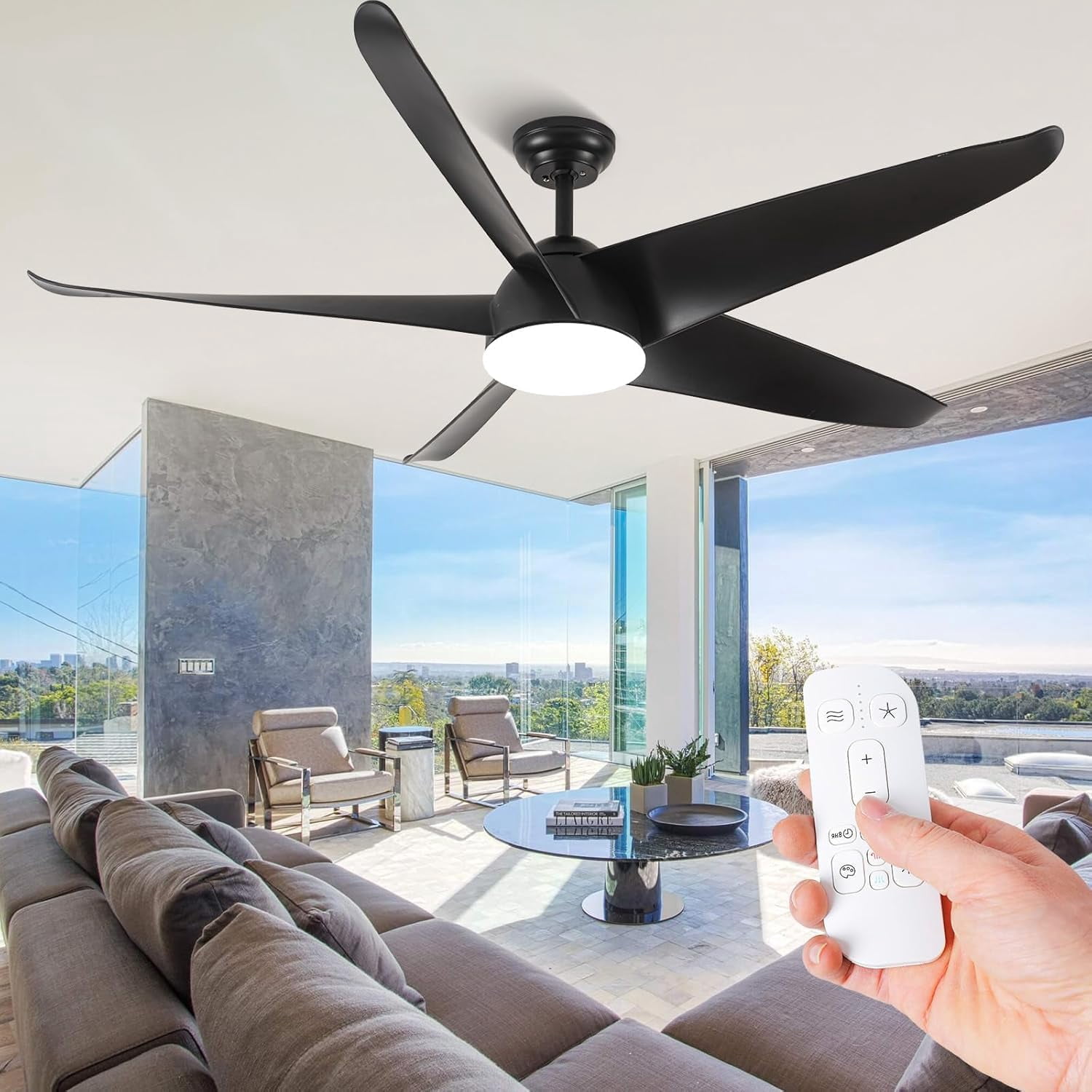 60 Inch Modern Black Ceiling Fans with Lights and Remote Control, Dimmable Propeller Ceiling Fan ...
