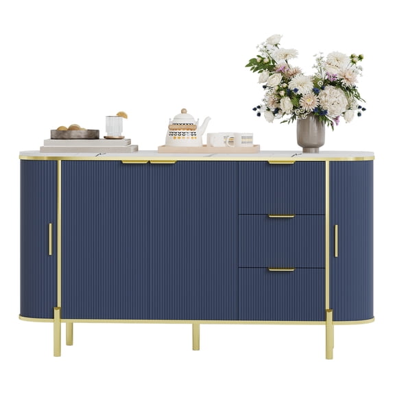 60 Inch Modern Curved Sideboard Buffet, Faux Marble Top with 3 Drawers & Adjustable Shelves, Ideal Coffee Bar Cabinet for Dining Room