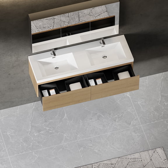 60 Inch Natural Oak Eco-Chic Wave-Textured Floating Vanity With Sink Combo, Double Glossy White Solid Surface Basins, Soft-Close U-Shaped Drawer, Fully Assembled