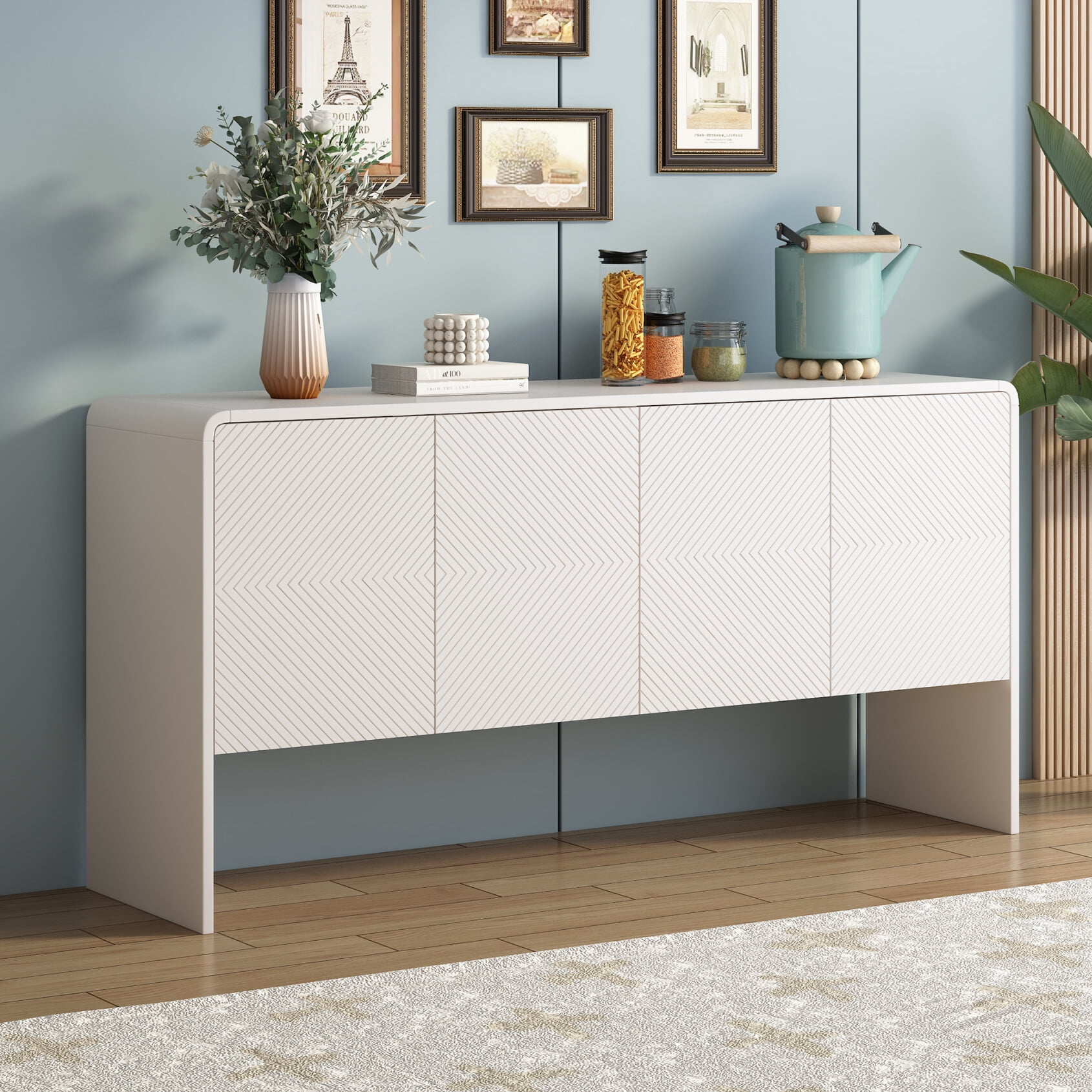 60-Inch Nordic Minimalist 4-Door Sideboard, Large Capacity with Rebound ...