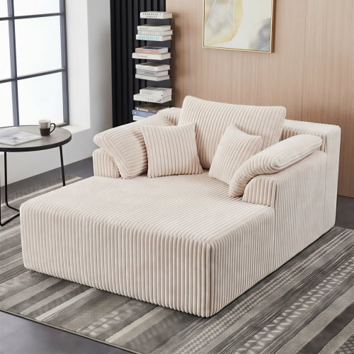 60 Inch Oversized Chaise Lounge Chair, Corduroy Upholstered Boneless Sofa Bed, Deep Seat Sleeper Couch for Living Room, No Assembly Required, Beige