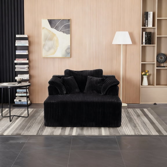 60 Inch Oversized Indoor Chaise Lounge Chair  Corduroy Upholstered Boneless Sofa Bed  Deep Seat Reading Cloud Couch Sleeper for Living Room Bedroom  No Assembly Required (Black)