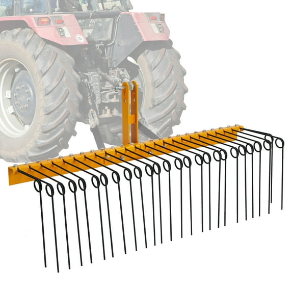 60 Inch Pine Straw Rake, 26 Coil Spring Tines Durable Powder Coated Steel Tow Behind Landscape Rake with 3 Point Hitch Receiver Attachment Fit to Cat0 Cat 1 Tractors for Leaves Grass, Yellow