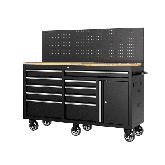 60 Inch Rolling Steel Tool Chest Workbench, 10 Drawer Mobile Tool Cabinet with Lock, Pegboard & Built-In Charging Station, 1750 LBS Capacity for Garage Workshop