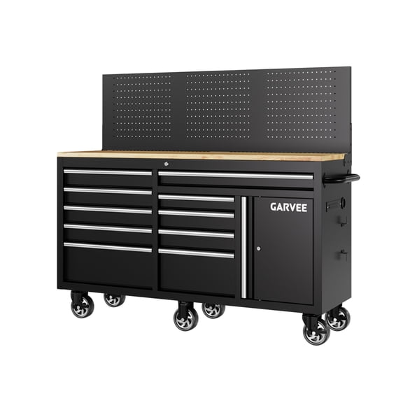 60 Inch Rolling Tool Chest Workbench, 10 Drawer Tool Box with Pegboard & Lock, Mobile Garage Tool Cabinet with Charging Station, Heavy Duty Workbench for Workshop