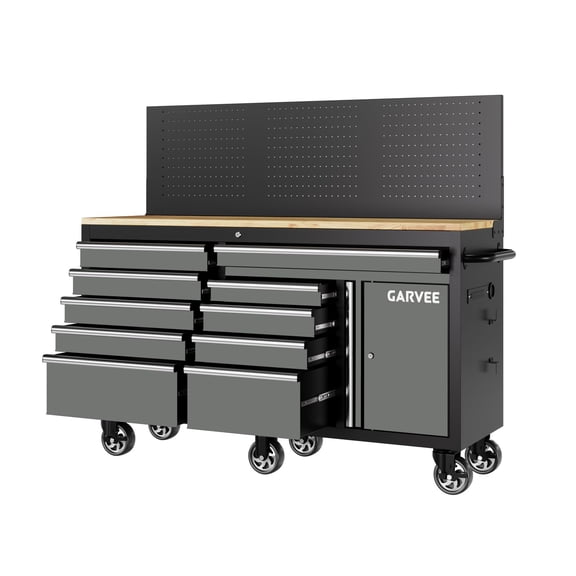 60-Inch Rolling Tool Workbench Chest Cabinet with 10 Drawers, 1 Door, Pegboard, Lock, Charging Station, Rubberwood Top, Mobile Garage Storage Workbench on Wheels 1750 lbs