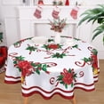thumbnail image 1 of 60 Inch Round Christmas Tablecloth, Washable Premium Fabric Xmas Table Cloth Poinsettia Flowers and Bell Tablecloths, Waterproof Dining Table Cover for Kitchen Party Picnic Dinner Decor, 1 of 5