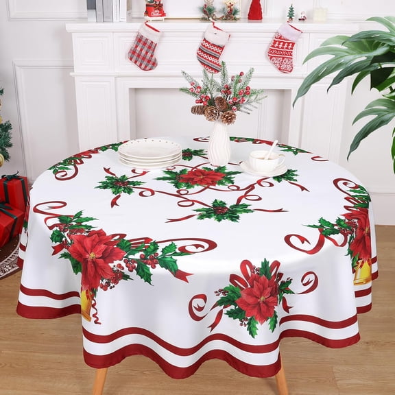 60 Inch Round Christmas Tablecloth, Washable Premium Fabric Xmas Table Cloth Poinsettia Flowers and Bell Tablecloths, Waterproof Dining Table Cover for Kitchen Party Picnic Dinner Decor