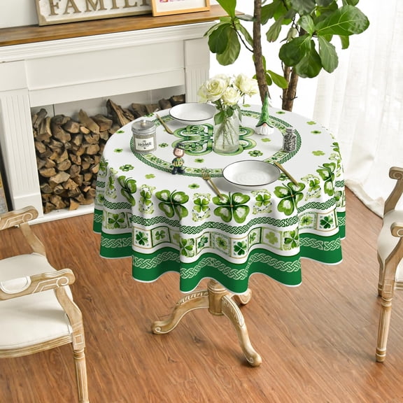 60 Inch Round Clover Tablecloth, Green Shamrock Pattern Table Cover for Dining Table, St. Patrick's Day Spring Table Decoration, Washable Polyester Tablecloth for Kitchen Party Holiday Decor