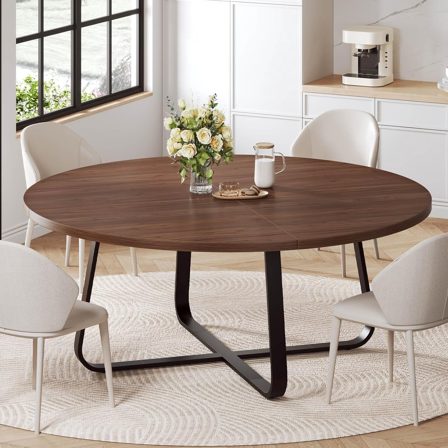 60-Inch Round Dining Table, Modern Wood Metal Kitchen Tables ...