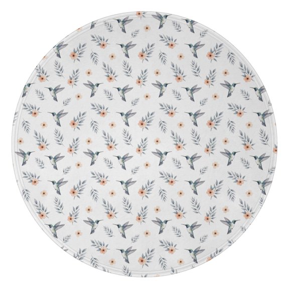 60 Inch Round Flannel Blanket for Adults & Kids, Soft, Cozy, Lightweight, Home, Travel, Indoor & Outdoor,Hummingbird Floral Leaf White Pattern