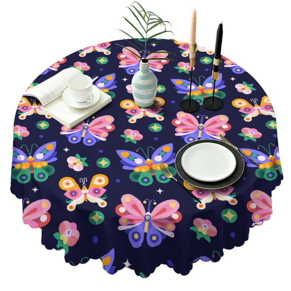 60 Inch Round Lace Tablecloth Water Resistant Washable, Monarch Butterfly Aesthetic