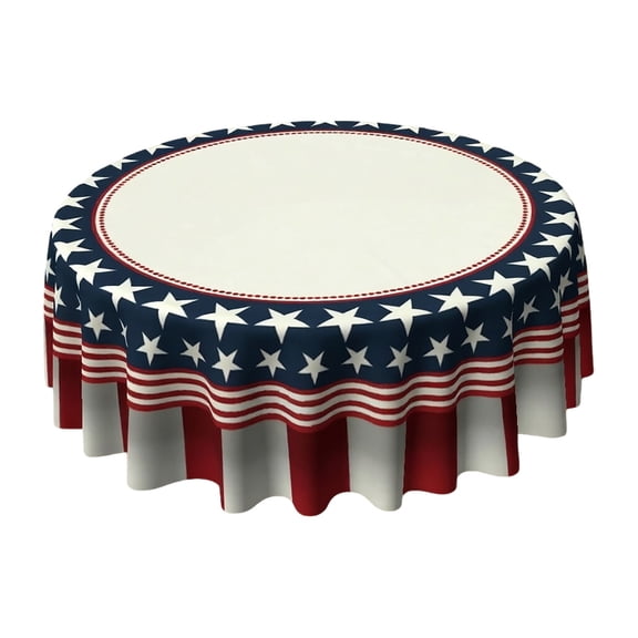 60 Inch Round Polyester Fourth of July Patriotic Tablecloth Red White Blue Heart Pattern Washable Decor Cover for Independence Day Home Dinner Party