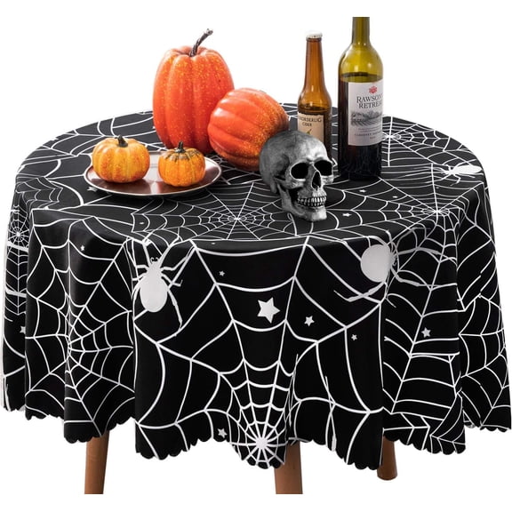 60 Inch Round Polyester Tablecloth, Halloween Black Spider Web Table Cloth, Spillproof Washable Polyester Table Cover - Perfect for Halloween Party Decorations