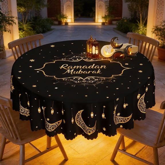 60 Inch Round Ramadan Tablecloth, Black with Gold "Ramadan Mubarak" Crescent Moon Stars, Eid Mubarak Decoration, Formal Iftar Party Table Cover