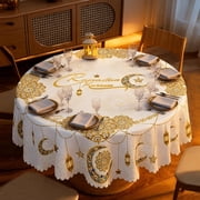 60 Inch Round Ramadan Tablecloth, White with Gold "Ramadan Kareem" Calligraphy, Crescent Moon and Lantern Pattern, Decorative Fringe, Eid Iftar Dinner Decor