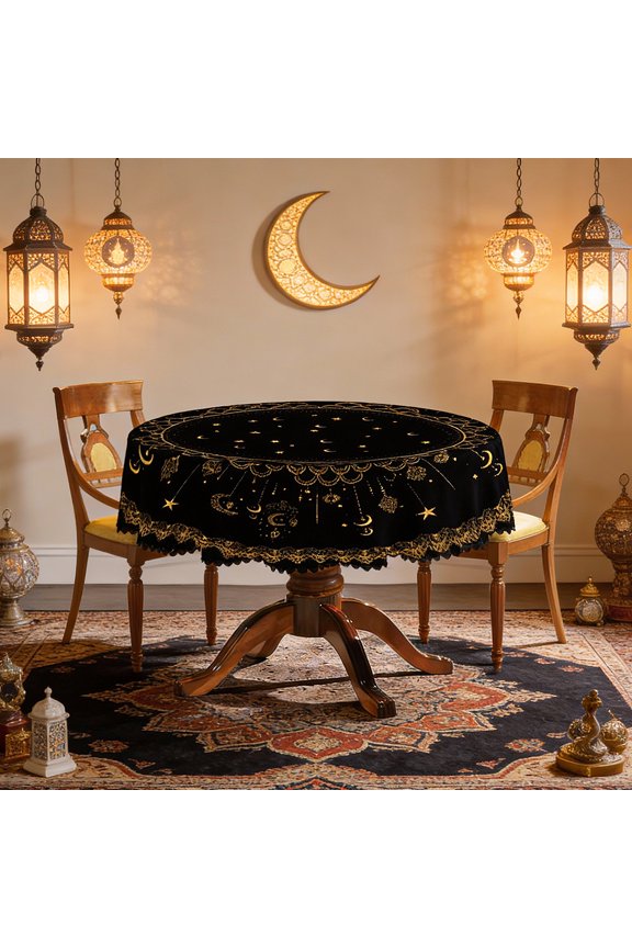 60 Inch Round Tablecloth Black and Gold, Star and Crescent Moon Pattern with Golden Lace Edge, Elegant Everyday Dining Table Cover, Washable Home Decor