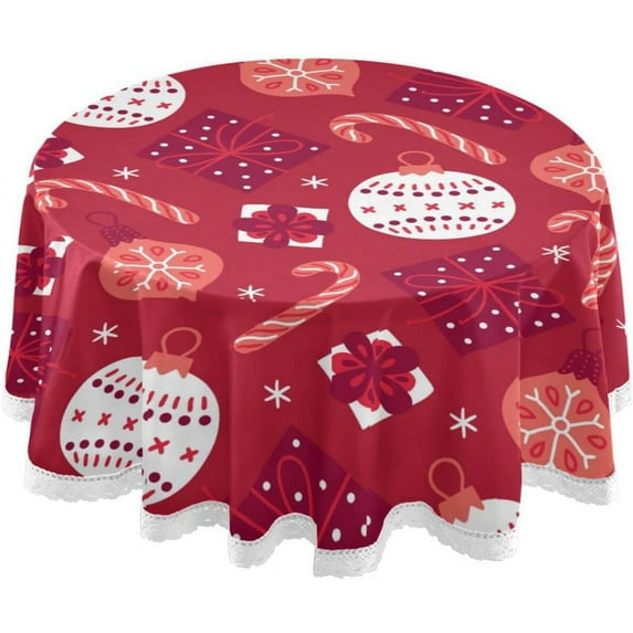 60 Inch Round Tablecloth - Christmas Ball Pattern Waterproof Spill-Proof Table Cloth with Lace Washable Fabric Table Cover for Dining Tables, Kitchen and Parties House Decor