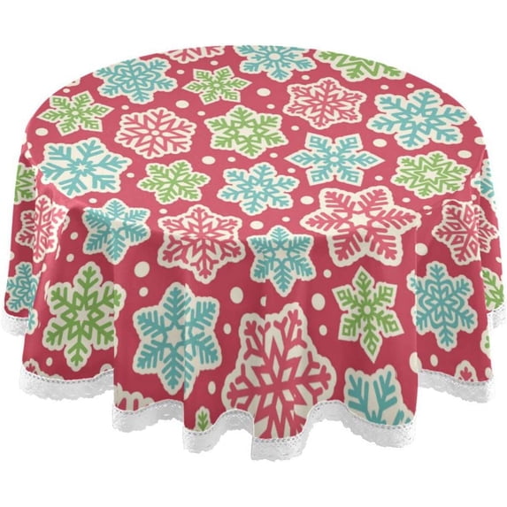 60 Inch Round Tablecloth - Christmas Snowflakes Waterproof Spill-Proof Table Cloth with Lace Washable Fabric Table Cover for Dining Tables, Kitchen and Parties House Decor