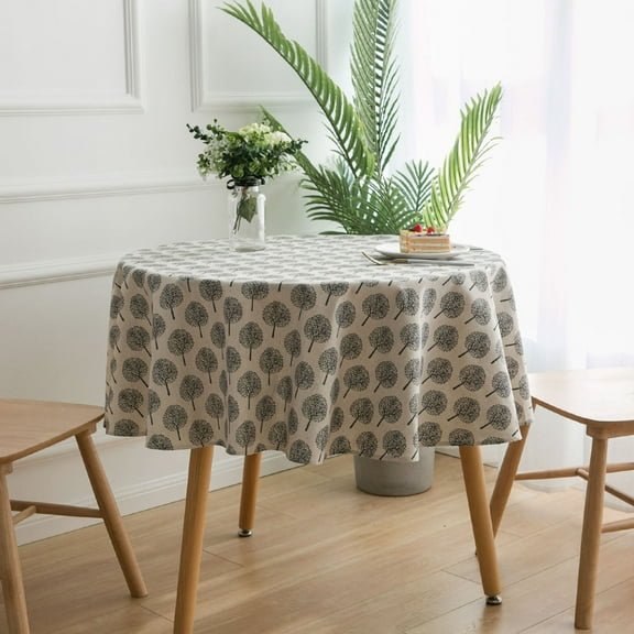 60 Inch Round Tablecloth Cotton Linen Tree Print Tablecloth Nordic Style Table Cover For Home-White -150cm