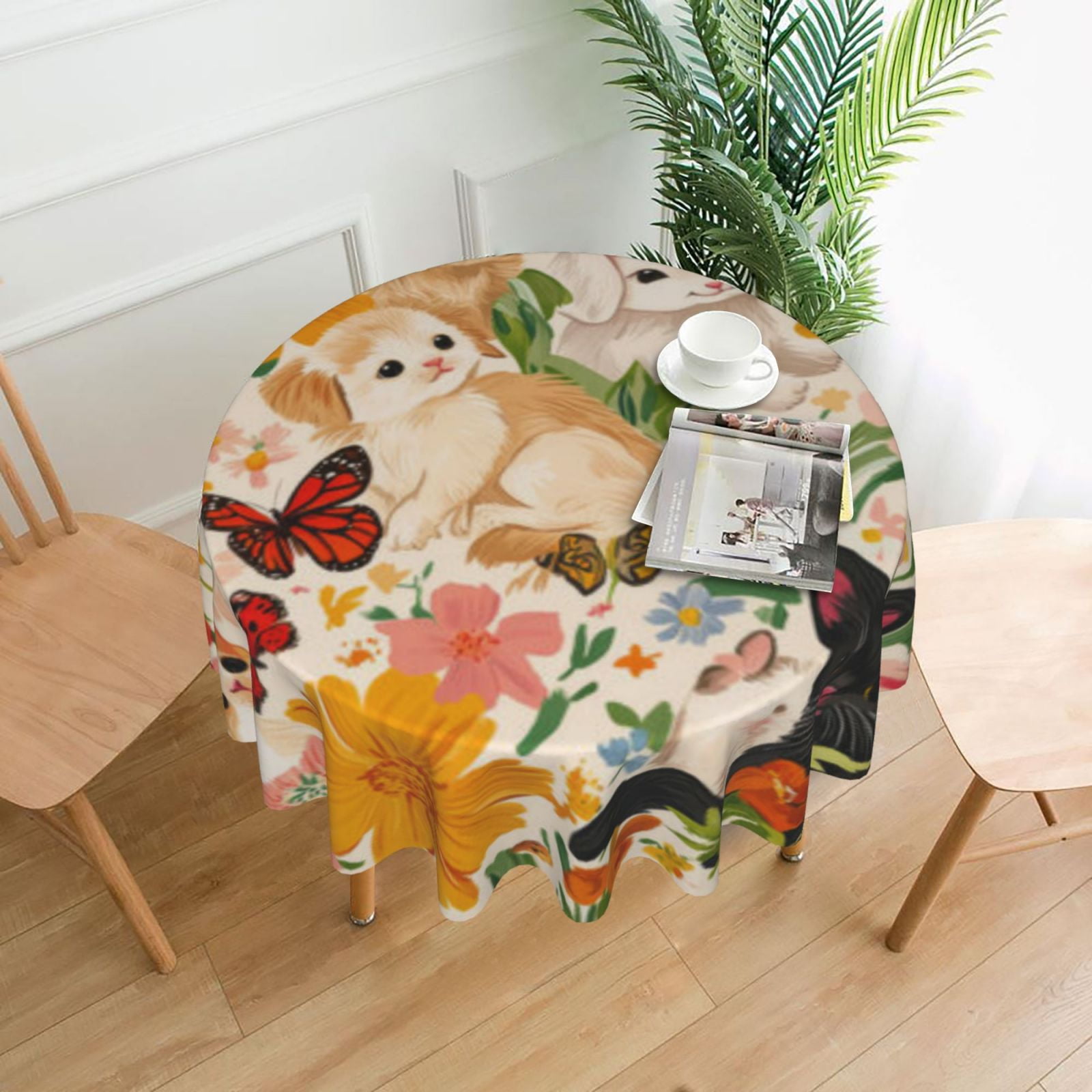 View of 60 Inch Round Tablecloth - Waterproof, Stain-Resistant, Puppies Kittens ...