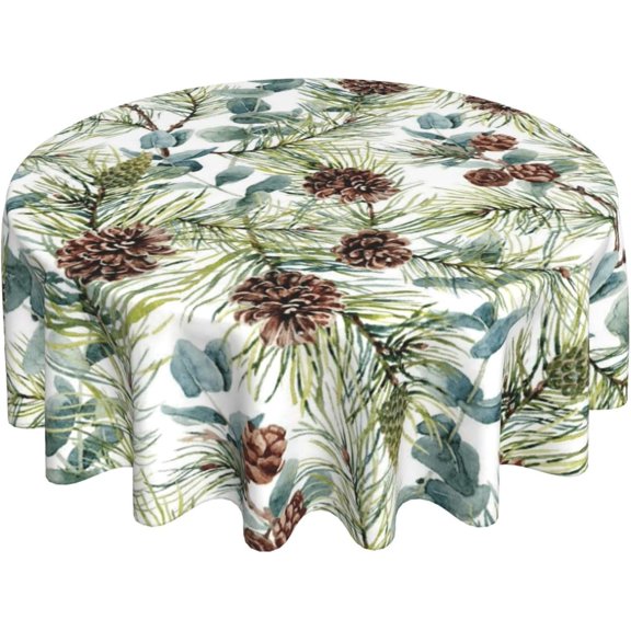 60 Inch Round Tablecloth, Winter Floral Green Watercolor Flower Leaf Themed Table Cover for Picnic Party Home