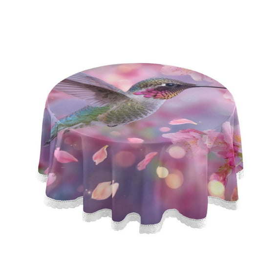 60 Inch Round Tablecloth with White Lace Trim Fall Table Cover for Elegant Dining Decor Beautiful Pink Hummingbird