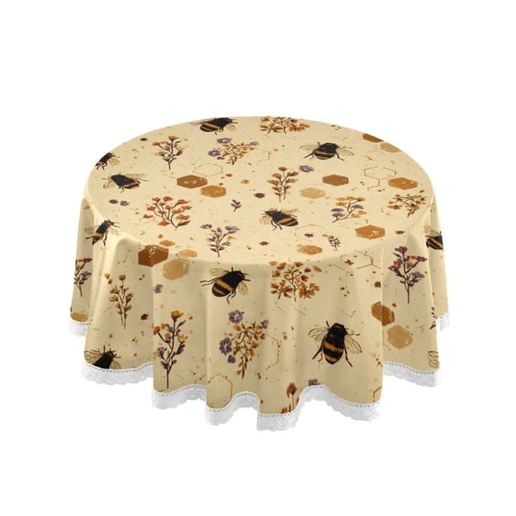 60 Inch Round Tablecloth with White Lace Trim Fall Table Cover for Elegant Dining Decor Bees and Flowers Pattern