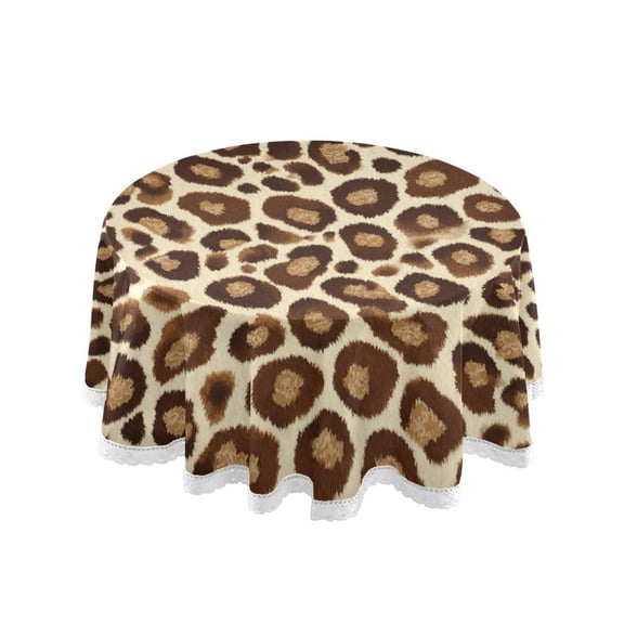 60 Inch Round Tablecloth with White Lace Trim Fall Table Cover for Elegant Dining Decor Brown Leopard Print Pattern