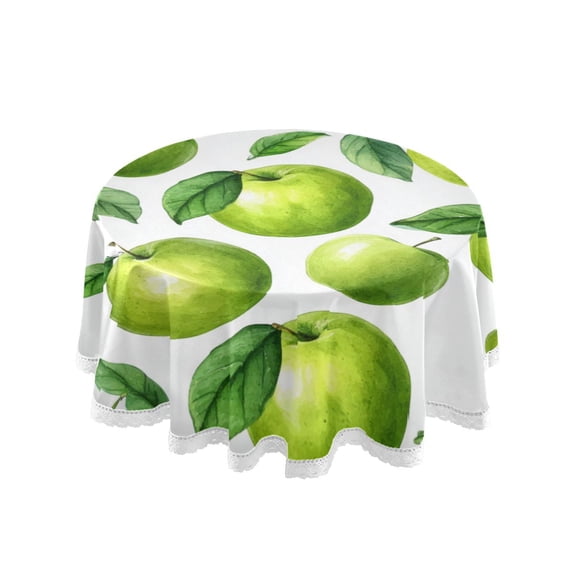 60 Inch Round Tablecloth with White Lace Trim Fall Table Cover for Elegant Dining Decor Cartoon Green Apples Pattern