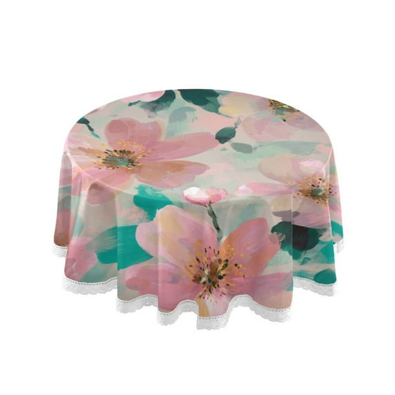 60 Inch Round Tablecloth with White Lace Trim Fall Table Cover for Elegant Dining Decor Coral Floral Print