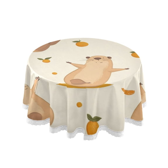 60 Inch Round Tablecloth with White Lace Trim Fall Table Cover for Elegant Dining Decor Cute Capybara Yoga Poses