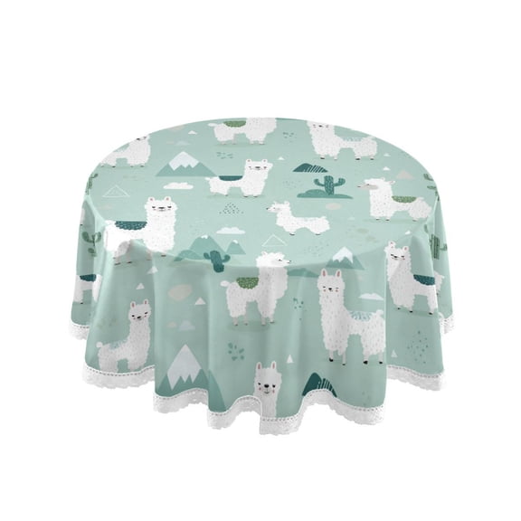 60 Inch Round Tablecloth with White Lace Trim Fall Table Cover for Elegant Dining Decor Cute Cartoon Llama Pattern