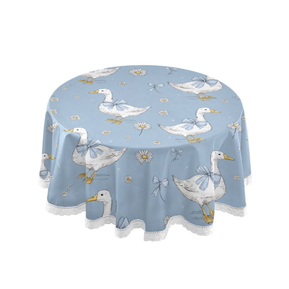 60 Inch Round Tablecloth with White Lace Trim Fall Table Cover for Elegant Dining Decor Cute Geese and Daisies
