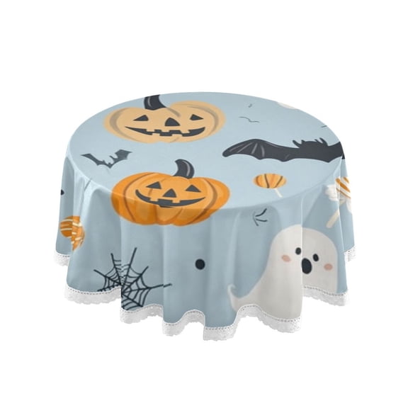 60 Inch Round Tablecloth with White Lace Trim Fall Table Cover for Elegant Dining Decor Cute Halloween-themed Clipart