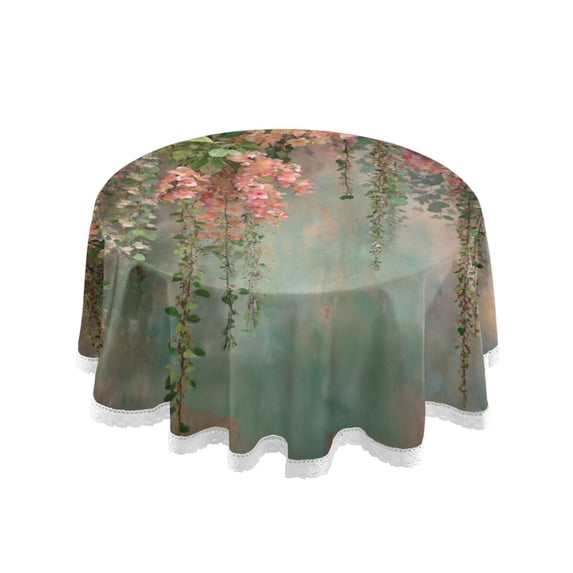 60 Inch Round Tablecloth with White Lace Trim Fall Table Cover for Elegant Dining Decor Enchanted Flowers Painting