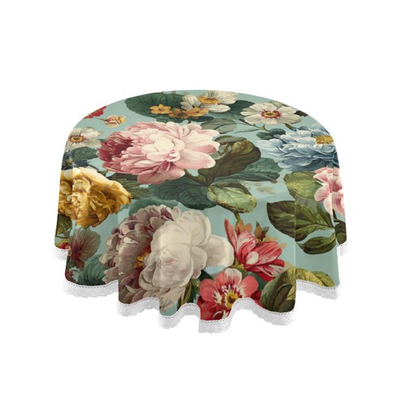 60 Inch Round Tablecloth with White Lace Trim Fall Table Cover for Elegant Dining Decor Floral Pattern with Roses