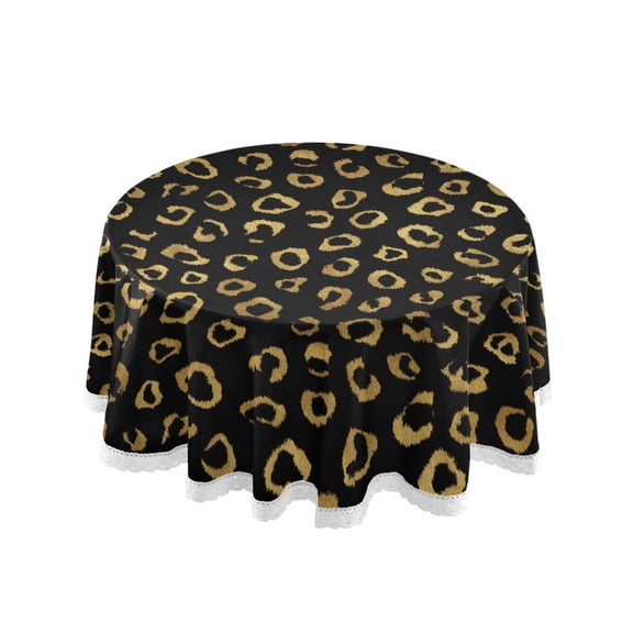 60 Inch Round Tablecloth with White Lace Trim Fall Table Cover for Elegant Dining Decor Gold Leopard Pattern