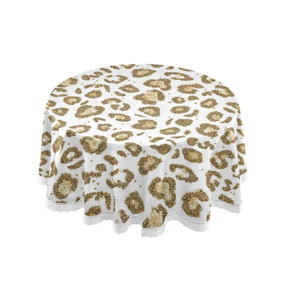 60 Inch Round Tablecloth with White Lace Trim Fall Table Cover for Elegant Dining Decor Gold Leopard Print Pattern