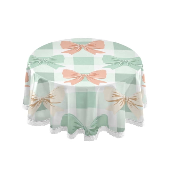 60 Inch Round Tablecloth with White Lace Trim Fall Table Cover for Elegant Dining Decor Green and Peach Bow Pattern