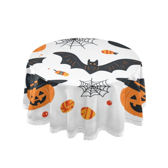 60 Inch Round Tablecloth with White Lace Trim Fall Table Cover for Elegant Dining Decor Halloween Cute Doodle Clip Art Set