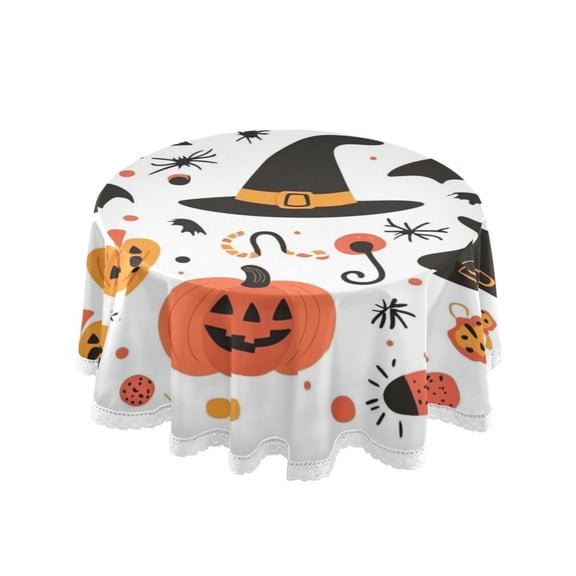 60 Inch Round Tablecloth with White Lace Trim Fall Table Cover for Elegant Dining Decor Halloween Doodle Clip Art