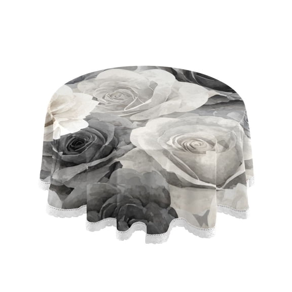 60 Inch Round Tablecloth with White Lace Trim Fall Table Cover for Elegant Dining Decor Ink Wash Style Roses