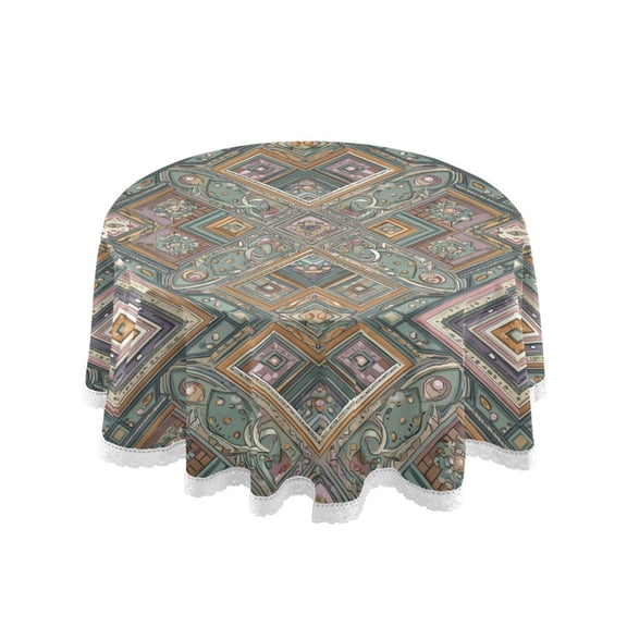 60 Inch Round Tablecloth with White Lace Trim Fall Table Cover for Elegant Dining Decor Intricate Brown Batik Pattern